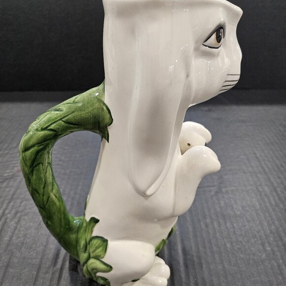 Tall Moltahedeh Rabbit Pitcher 1950s Portugal Hand Painted Bunny Green Leaf Hand - Picture 10 of 15
